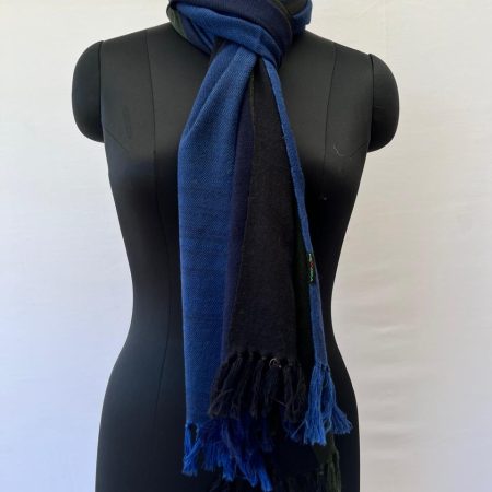 Handwoven merino wool stole with 4 vertical colour bands in black, forest green, navy and indigo