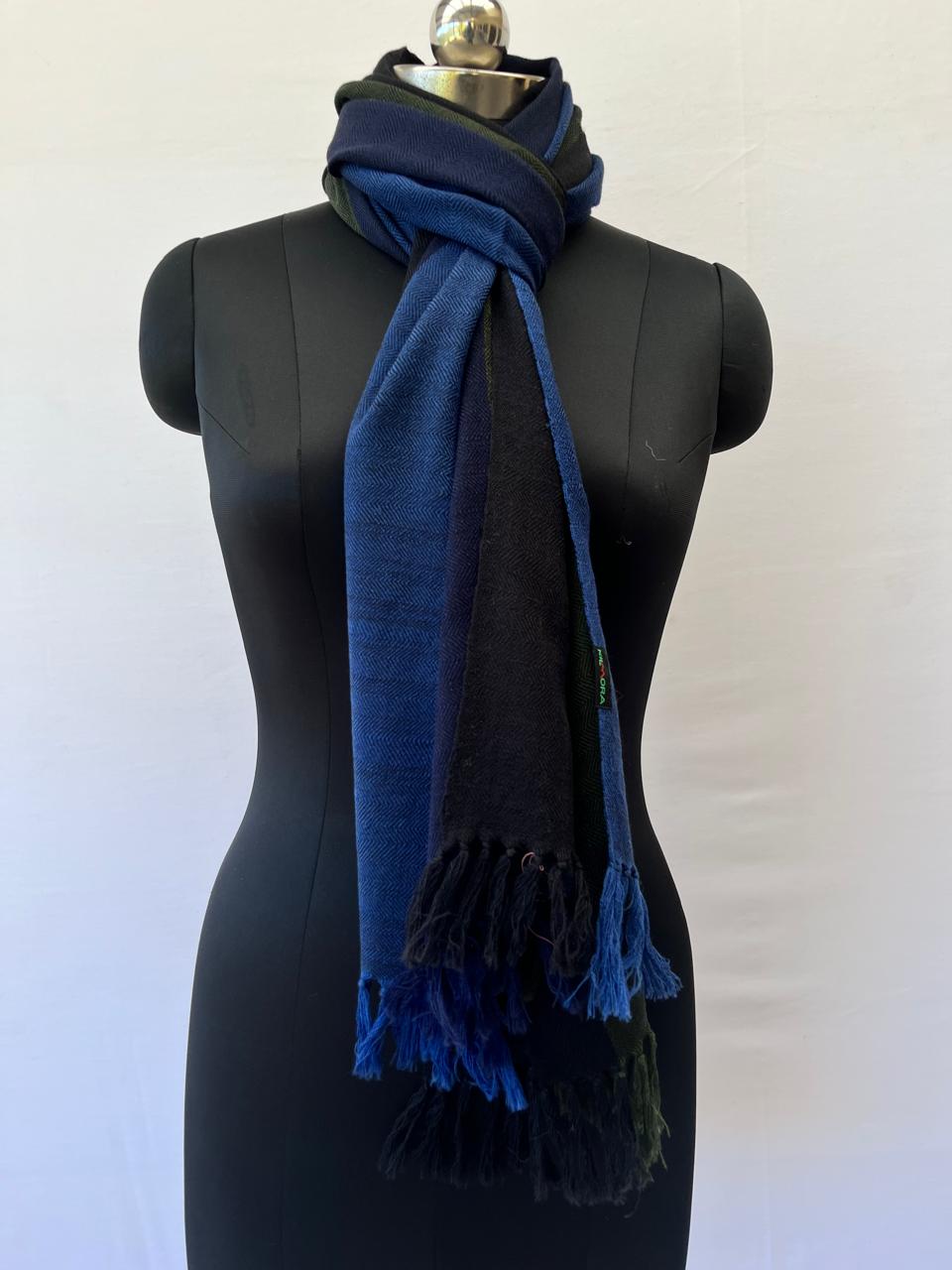 Handwoven merino wool stole with 4 vertical colour bands in black, forest green, navy and indigo