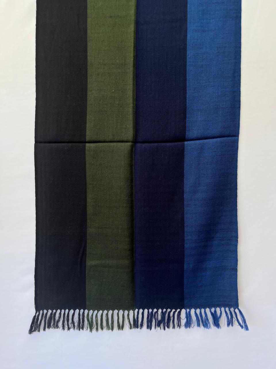 Handwoven merino wool stole with 4 vertical colour bands in black, forest green, navy and indigo