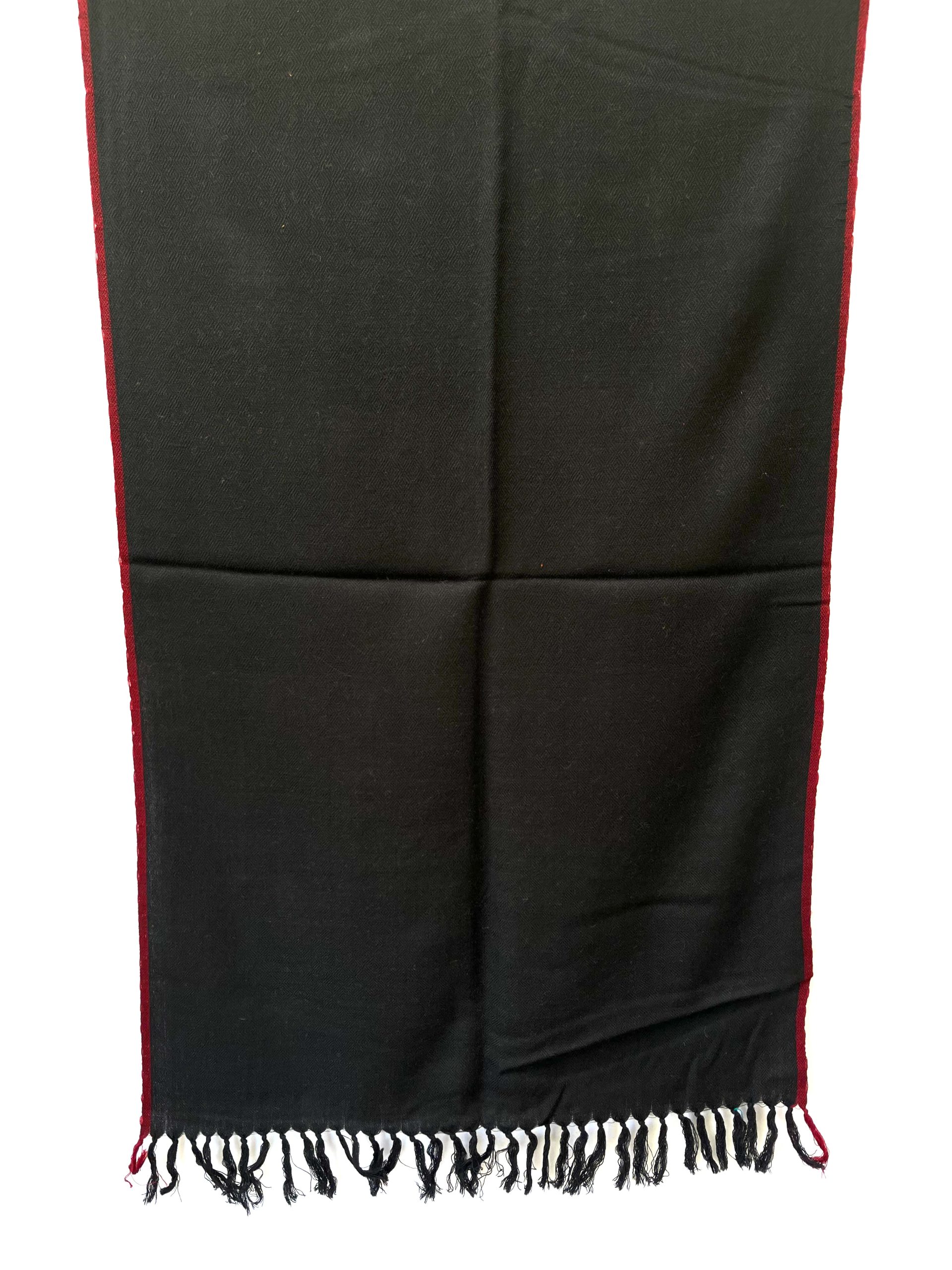 Handwoven merino wool stole in black with a thin red selvedge