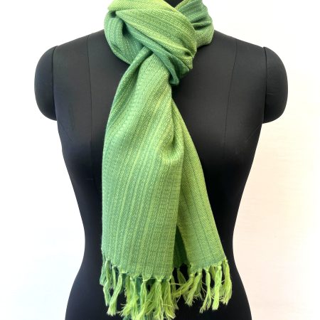 Handwoven merino wool scarf in ombre shades of mint green, fern and lime
