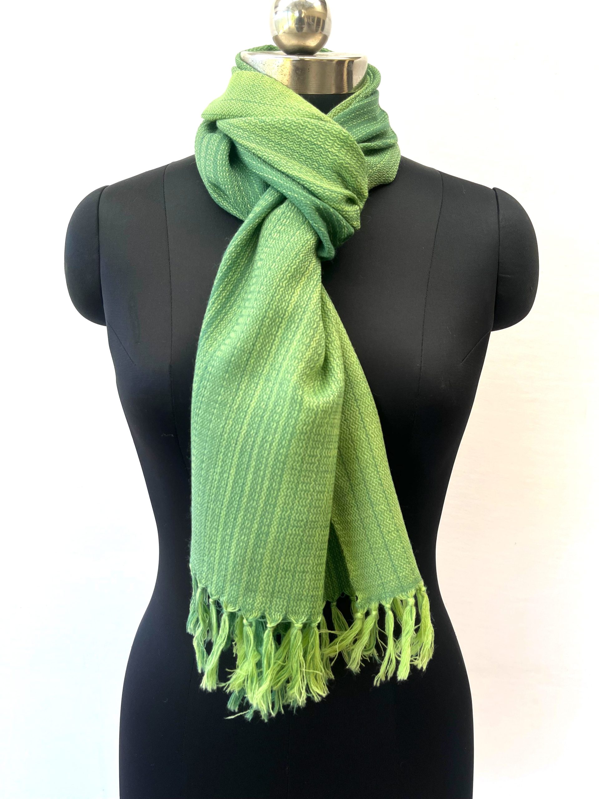 Handwoven merino wool scarf in ombre shades of mint green, fern and lime