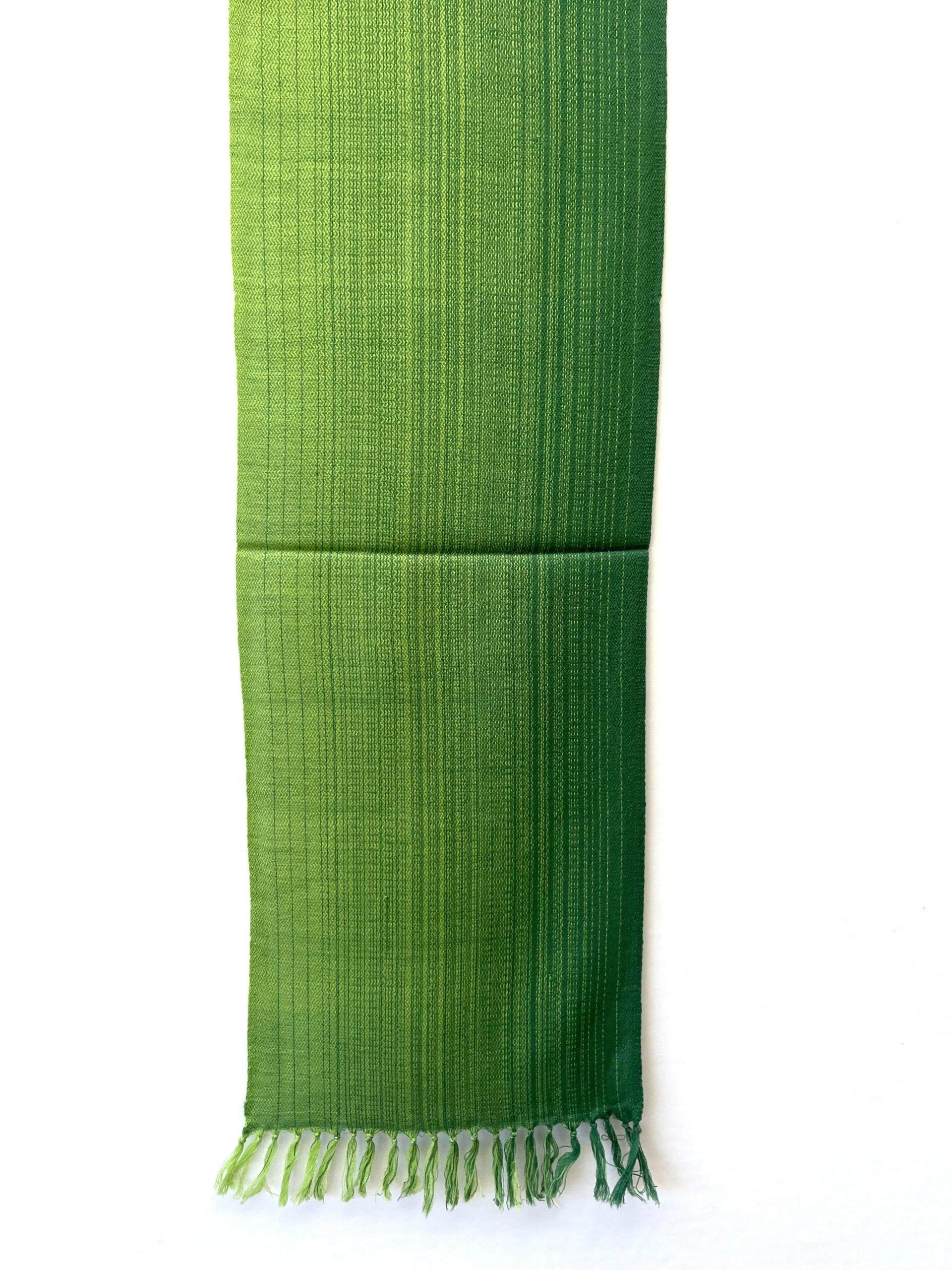 Handwoven merino wool scarf in ombre shades of mint green, fern and lime