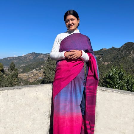 Handwoven ombre merino wool saree in horizontal gradation - starting with deep mulberry, graduating to cobalt and ending with a bright magenta.