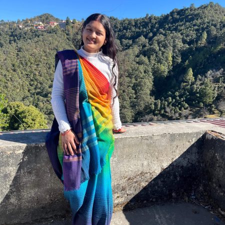 Handwoven merino wool saree in ombre with soft horizontal gradation with violet, blue, green, yellow, and indigo