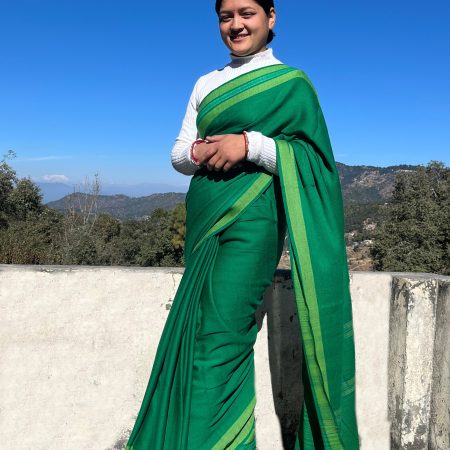 Handwoven merino wool saree in shamrock green with a chartreuse border