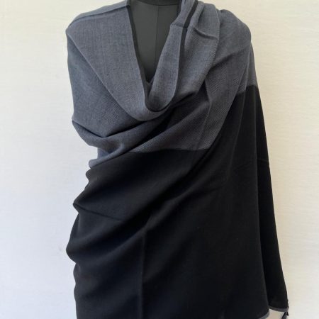 Handwoven merino wool shawl in two vertical stripes of steel gray and black