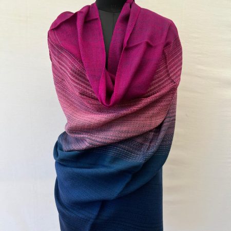 Hand-woven merino wool shawl in ombre weave with (from left to right) -magenta, pink, cobalt blue and navy blue