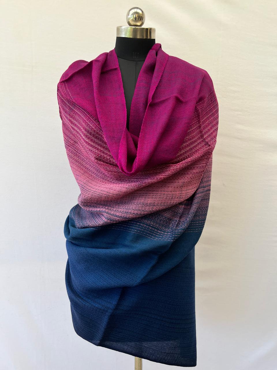 Hand-woven merino wool shawl in ombre weave with (from left to right) -magenta, pink, cobalt blue and navy blue