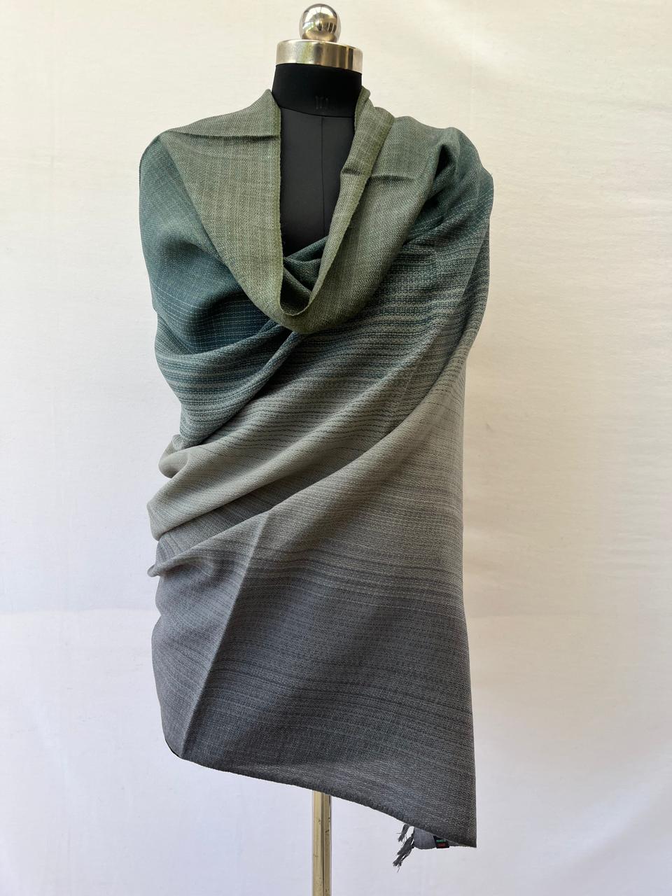 Hand-woven merino wool shawl in ombre weave with (from left to right) - pine green, teal, silver and warm gray