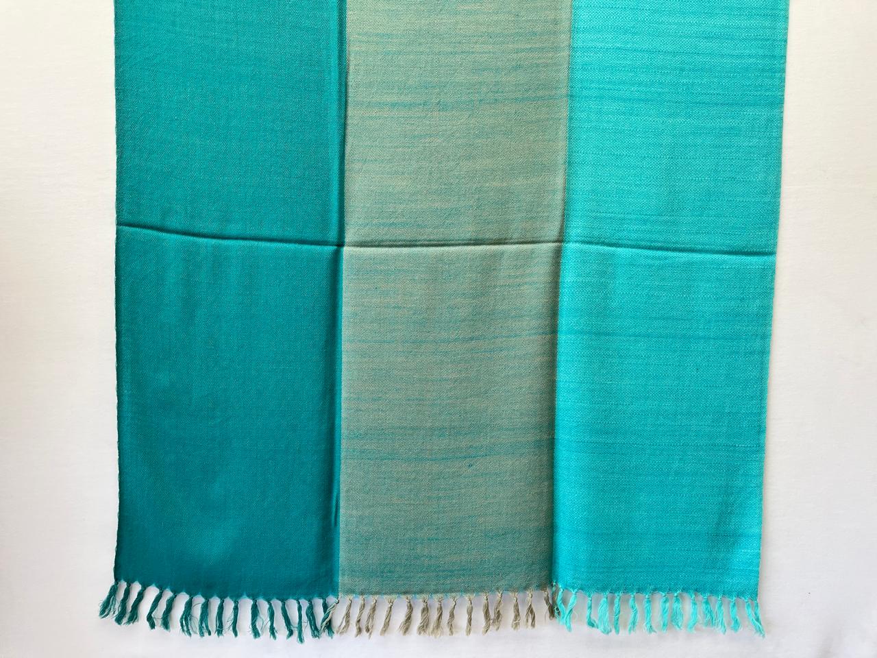 Hand-woven merino wool shawl in bold horizontal stripes of arctic, sapphire and sky blue