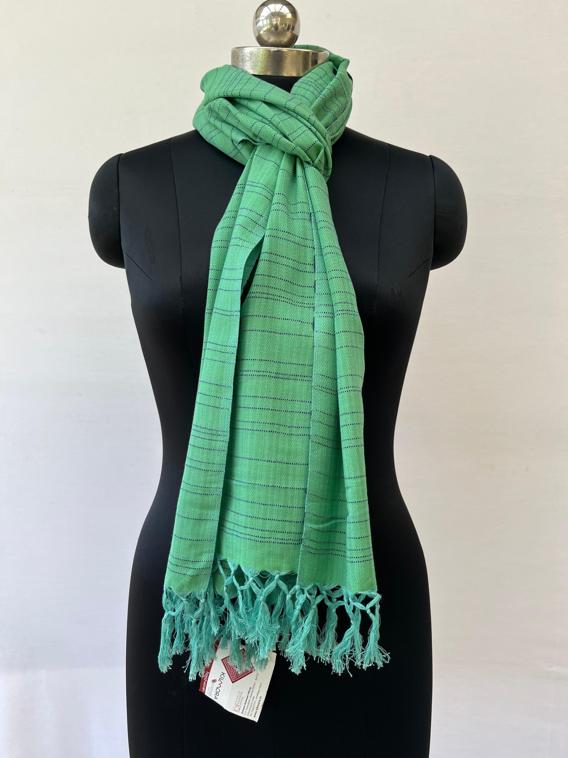 Hand woven cotton stole in apple green with irregular horizontal stripes in navy blue. Knotted on a mannequin.