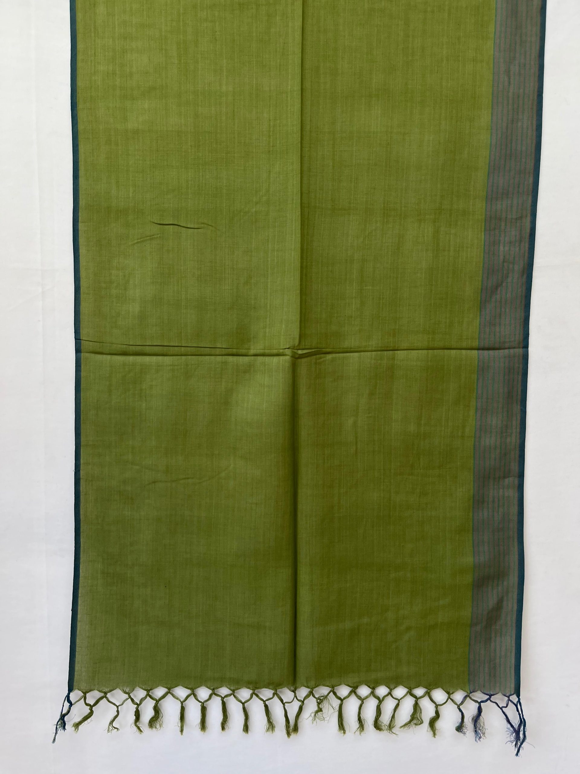 Hand woven cotton stole in spinach green with a navy blue graduated striped border on one vertical end.