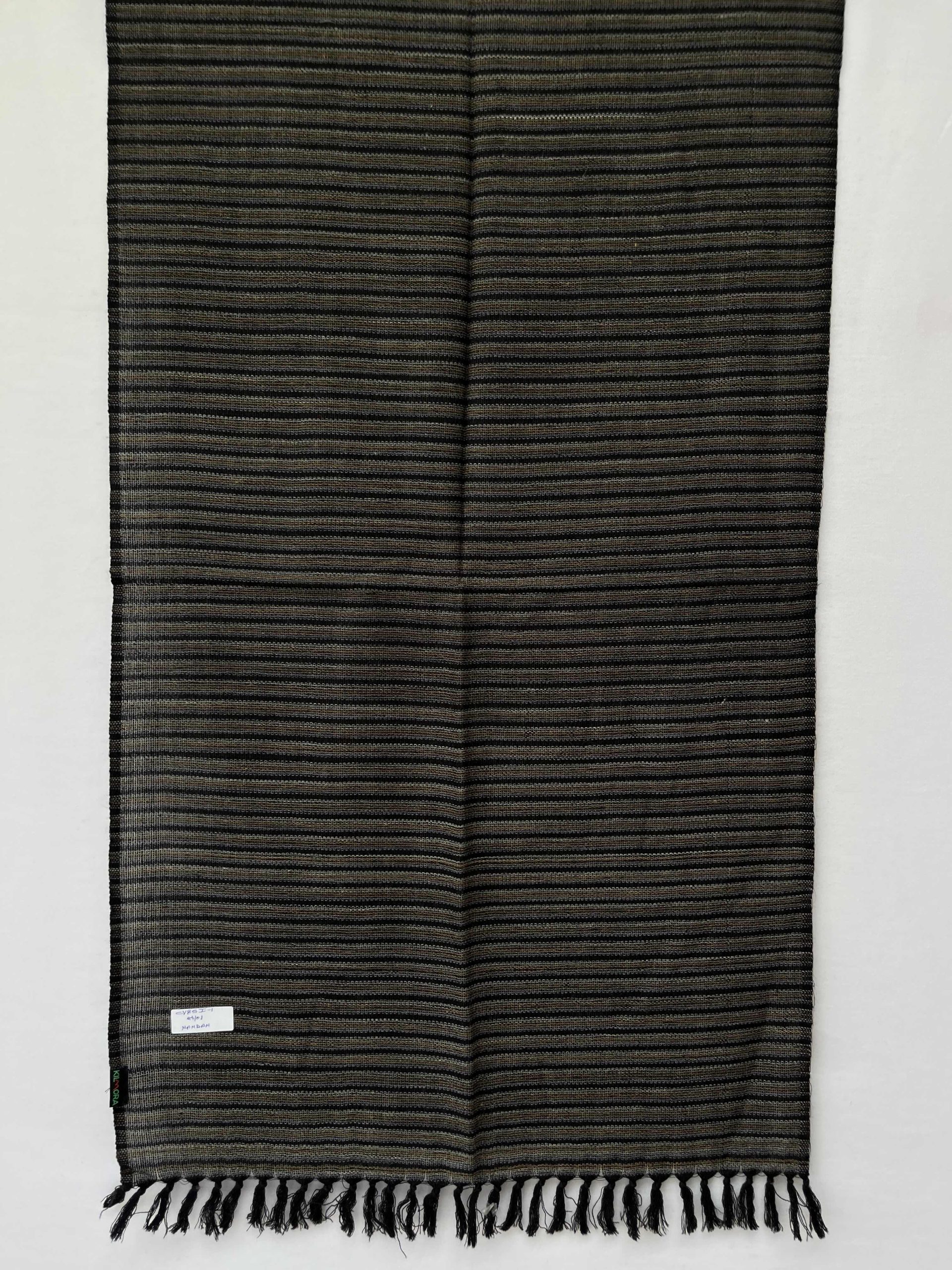 Hand-woven merino wool stole with two different halves to the stole. One half shown here with thin vertical stripes in mustard, silver gray and black.